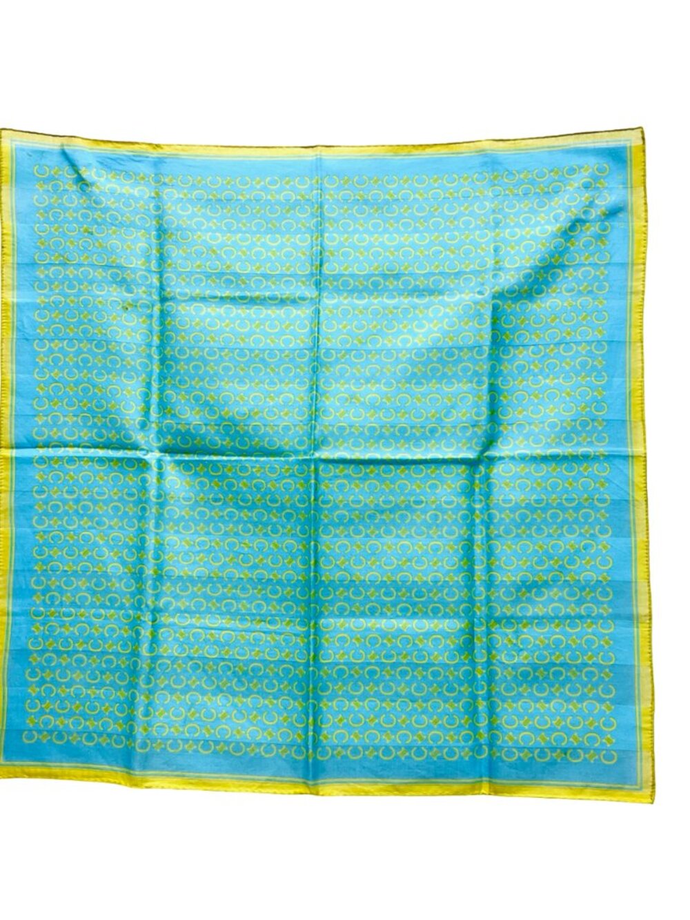 New Celine Paris Mini Scarf 19.5" Cotton/Silk Teal Blue Green Gold Logo "C" (88 - Picture 6 of 9